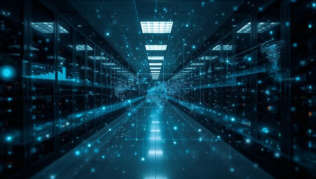 Futuristic server room with glowing blue lights, digital data overlays, and a world map representing global network connectivity.