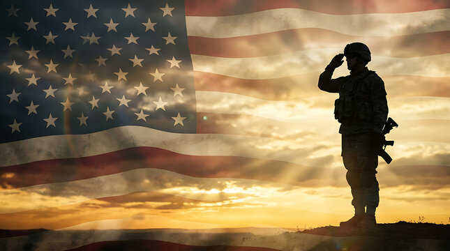 Soldier silhouette saluting against a waving United States flag background at sunset with golden light rays representing patriotism honor respect and national pride for memorial day or veterans day