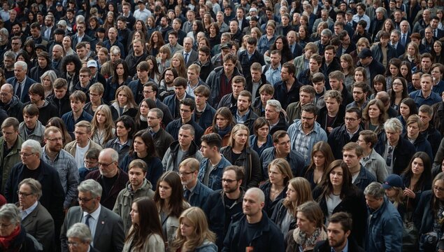 A dense, multi-ethnic crowd of people of various ages and backgrounds in a large public gathering.