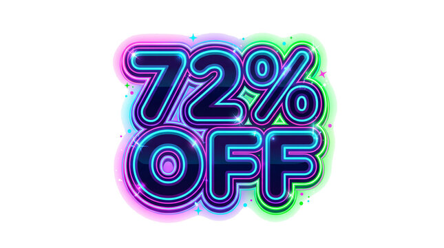 Neon sale text with percentage off display on a white background discount promotion offer markdown retail commerce savings clearance bargain seventy-two percent glowing illuminated vibrant