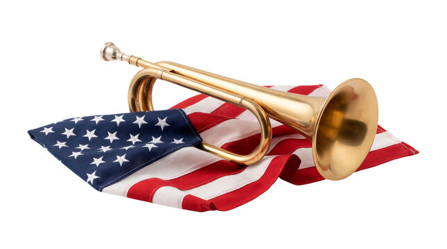Ceremonial Brass Bugle with Draped American Flag, No Background, Transparent PNG