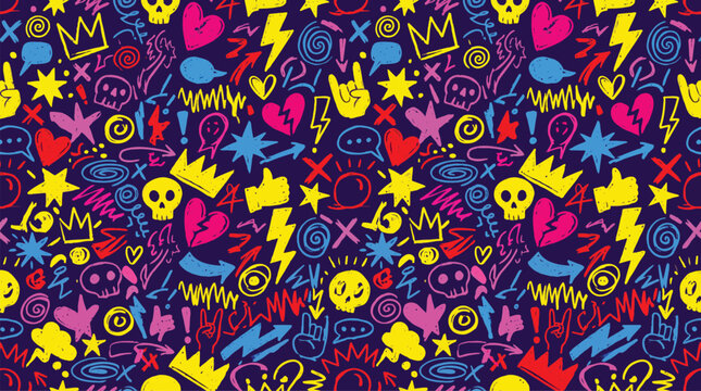 Graffiti street art seamless pattern vector background, colorful pop art doodle pattern, edgy punk rock wallpaper vector