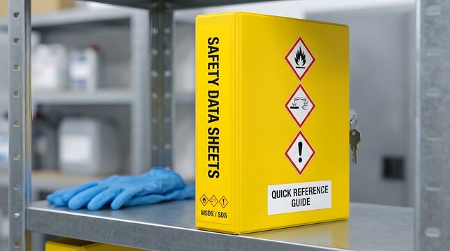 Safety data sheet box and blue glove on a shelf for the concept of chemical safety and laboratory protocols.