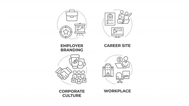 Employee branding animated line concept icon set. Recruitment for business growth. HR reputation. Talents engagement. Flat linear graphics motion. Minimalist black outline animation pack