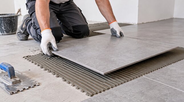 Professional Tiler Installing Large Gray Ceramic Tiles On A Thinset Mortar Bed, Modern Home Interior Renovation Work