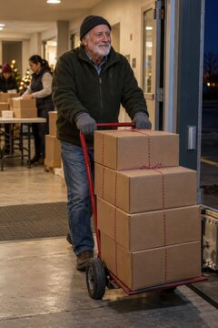 Older volunteer moving stacked meal boxes on a hand trolley toward a Christmas charity loading door during community food distribution
