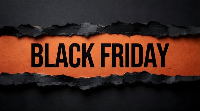 Dramatic black friday text reveal through torn paper with vibrant orange background sale promotion concept