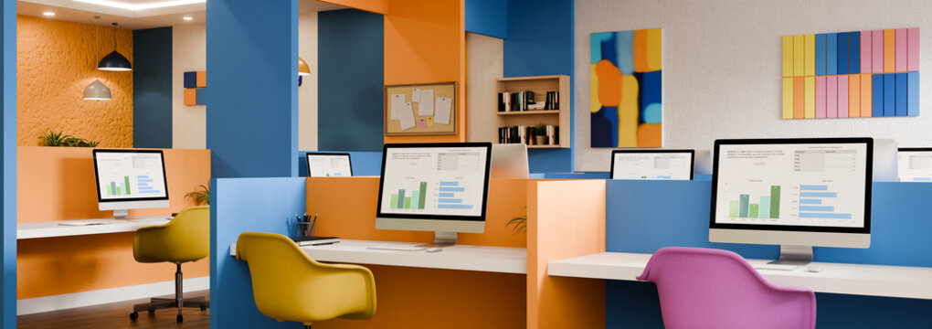 3D Illustration of Colorful Creative Office Workstations with Computer Monitors Showing Data Charts