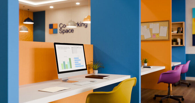 3D Illustration of a Vibrant Coworking Space with Desktop Computer Showing Data Charts and Colorful Modern Interior