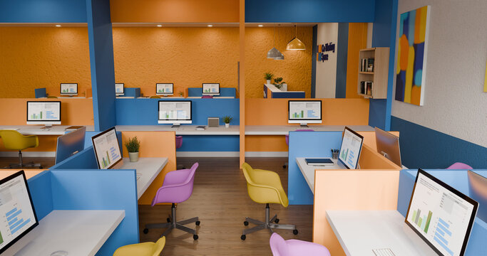 3D Illustration of Colorful Coworking Space Interior with Multiple Workstations and Computer Monitors