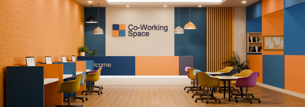 3D Illustration of Modern Co Working Space Interior with Colorful Chairs, Reception Desk, and Open Workstations