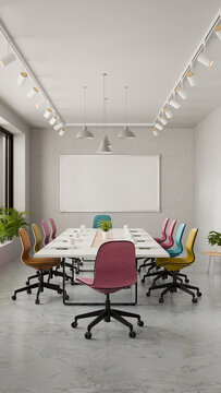 3D Illustration of Modern Creative Conference Room with Colorful Office Chairs and Whiteboard
