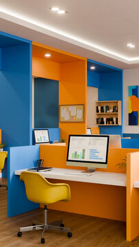 3D Illustration of Vibrant Creative Office Workstation with Computer Monitor Showing Data Charts and Colorful Blue Orange Interior