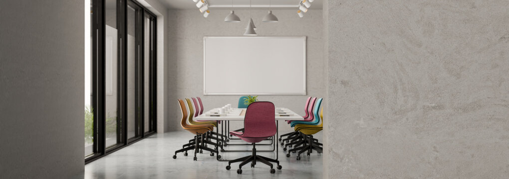 3D Illustration of Modern Creative Conference Room with Colorful Chairs, Blank Whiteboard, and Concrete Walls