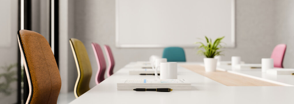3D Illustration of Modern Creative Workplace Conference Room with Colorful Chairs and Whiteboard