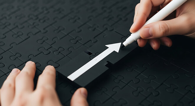 A person using a white marker to draw a large arrow on a black puzzle board to indicate progress and direction toward a specific objective