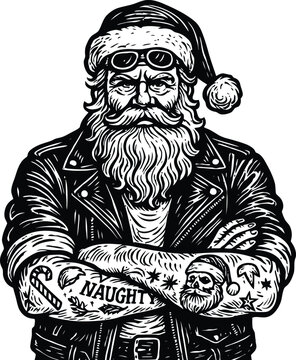 Cool Biker Santa Claus Vector Illustration with Tattoos and Leather Jacket - Badass Father Christmas Graphic Art for Rock and Roll Holidays, T-Shirt Designs, and Edgy Festive Decor