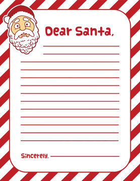 Dear Santa Letter Template for Kids with Red and White Striped Border and Cute Santa Claus Icon, Printable Christmas Wish List Vector Illustration for Holiday Season Fun.