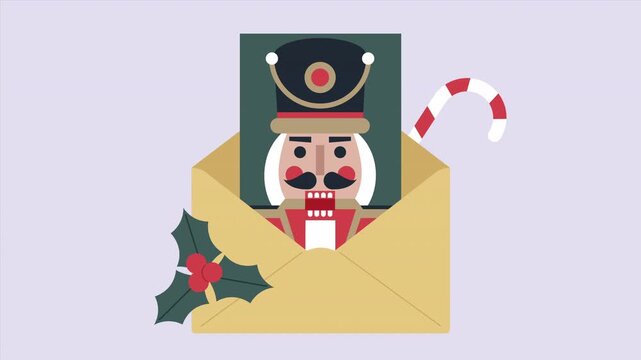 A festive postcard featuring a nutcracker portrait comes to life as the nutcracker playfully opens and closes its mouth, capturing a whimsical winter holiday memory