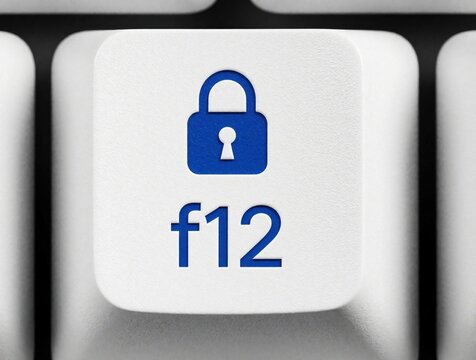 Close up of white F12 computer key with blue padlock icon. Single button on modern keyboard provides security, privacy protection. User presses function key to lock device secure digital data against