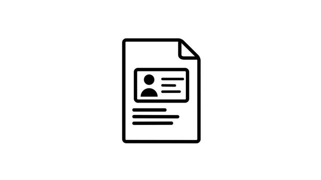 Black Profile Document Icon with User ID Card, Personal Information, Resume, Registration Form and Business Record Symbol on White Background 4k video animation.