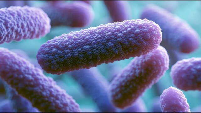 Purple rod-shaped bacteria drift and turn among other microbes in a microscopic view, showing ongoing movement in a laboratory setting.