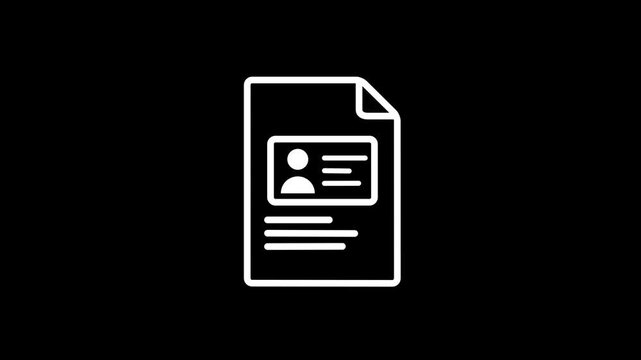 White Profile Document Icon with User ID Card, Personal Information, Resume, Registration Form and Business Record Symbol on Black Background.