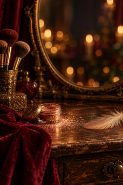 Glitter, Makeup Brushes and Feather by a Mirror as an Atmospheric Carnival Preparation Concept