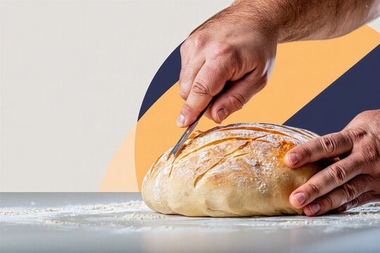 Hands scoring an artisan bread loaf with a knife before baking