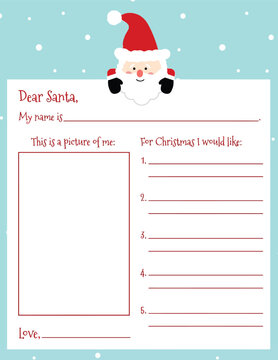Dear Santa Letter Template with Cute Santa Claus Illustration, Christmas Wishlist for Kids, Festive Holiday Activity Sheet for Children, Blank Printable Form with Picture Space and Lines