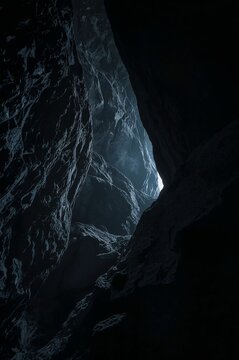 A dark underground cavern with rugged rock textures and a mystical blue glow illuminating a distant passage.