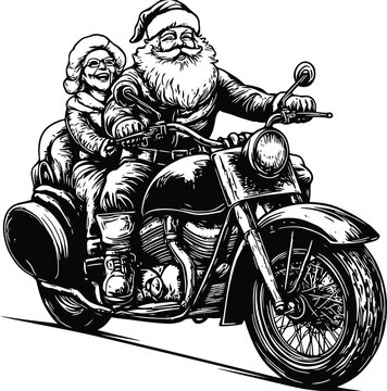 Cool Santa Claus and Mrs. Claus Riding a Vintage Motorcycle Biker Style Christmas Vector Illustration, Black and White Engraved Art for Holiday Adventure and Festive Spirit Designs