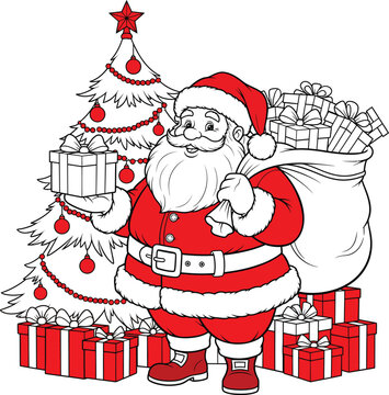 Vector Illustration of Jolly Santa Claus Carrying a Sack Full of Presents and Standing Near a Decorated Christmas Tree Surrounded by Gift Boxes for Merry Christmas Celebration