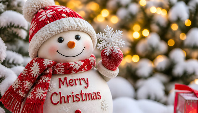 Cute snowman with merry christmas message and snowflake decoration