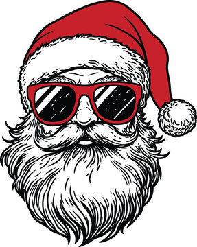 Cool Santa Claus Wearing Red Sunglasses and Traditional Red Hat Vector Illustration - Hand Drawn Hipster Saint Nicholas Portrait with White Beard for Christmas Holiday Decor and Cards.