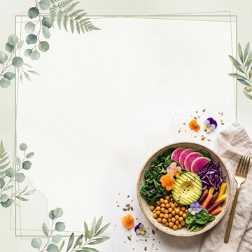 Nutritious buddha bowl with avocado and chickpeas on white background with floral border.