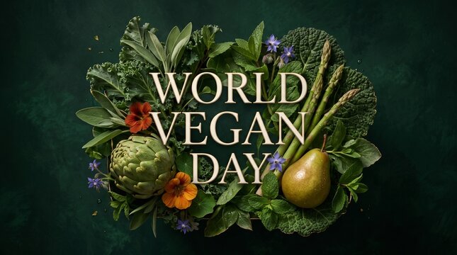 World vegan day typography surrounded by fresh dark leafy greens and organic vegetables art.