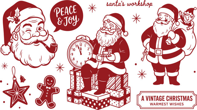 Vintage Christmas Vector Set with Retro Santa Claus Illustrations, Peace and Joy Message, Gingerbread Man, and Festive Holiday Ornaments for Cards and Gift Design Projects
