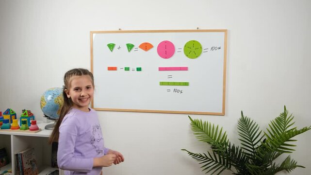 In 4K, a smiling girl gives a thumbs up beside a whiteboard displaying magnetic fraction equations, celebrating progress in a hands on lesson about fractions and percentages.