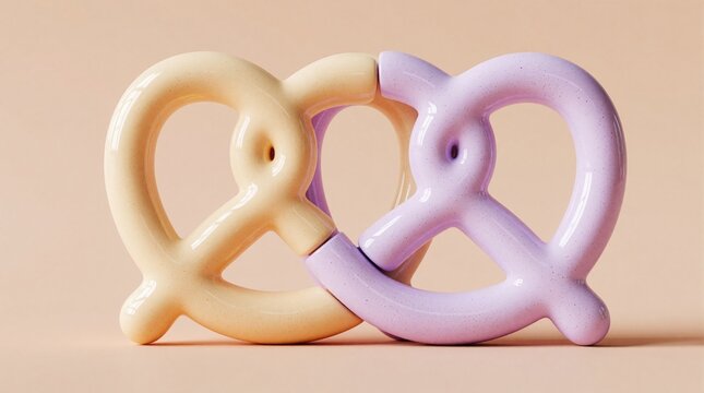 Abstract 3d pretzel shapes in pastel colors. Cream, lavender snack forms interlock on beige background. Minimalist food concept with soft texture, smooth curves. Creative design element for modern