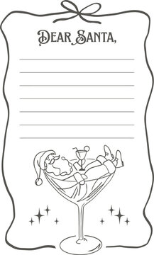Funny Dear Santa Letter Template Vector Illustration, Festive Holiday Wishlist Stationery with Santa Relaxing in a Cocktail Glass, Creative Christmas Line Art for Printable Holiday Notes.