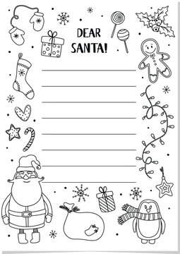 Dear Santa Letter Template for Kids, Christmas Coloring Page with Santa Claus, Penguin, Gingerbread Man and Gifts, Winter Holiday Wish List Activity Sheet for Children, Vector Art