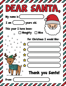 Cute Dear Santa Letter Template for Kids, Printable Christmas Wish List with Reindeer and Santa Illustrations, Naughty or Nice Checklist, Holiday Activity for Children, Vector Design