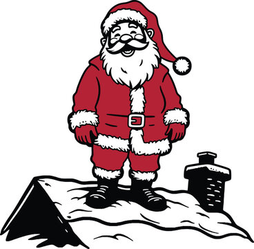 Vintage Santa Claus Illustration Standing on a Snowy Roof next to a Chimney, Hand Drawn Vector Graphic for Christmas Holiday Greetings, Winter Festive Decor Design Element.