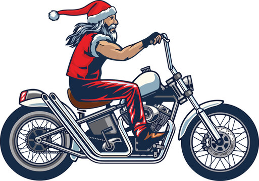 Badass Biker Santa Claus Riding a Classic Custom Chopper Motorcycle Vector Illustration for Christmas Holidays, Festive Season Adventure, and Cool Holiday Spirit Graphic Design.