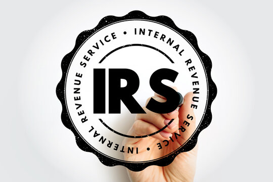 IRS Internal Revenue Service stamp emblem with bold lettering and a hand drawing the badge. Clear tax-related design suitable for accounting, compliance, filing, and financial documentation visuals