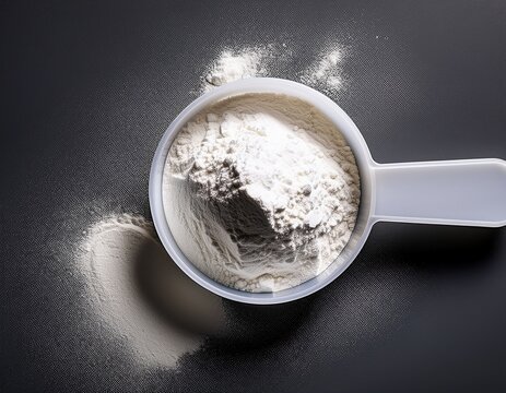top view of scoop with sport nutrition protein creatine gainer as white powder on gray background