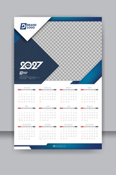 Modern Vertical Calendar Template 2027 with Blue Geometric Shapes