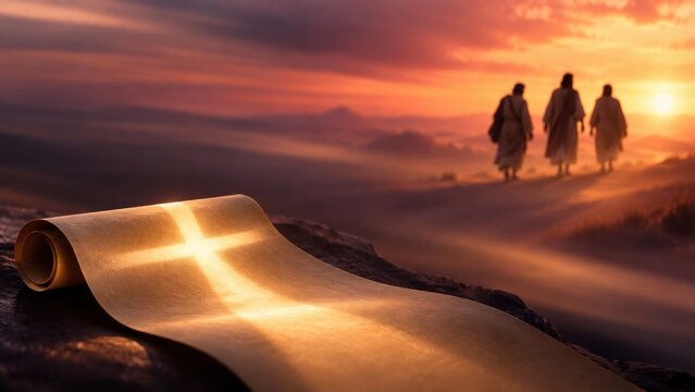 Three biblical disciples walking toward the horizon beside a scroll with a cross. Christian gospel message and scripture concept. Faith, salvation and spiritual journey. Church banner