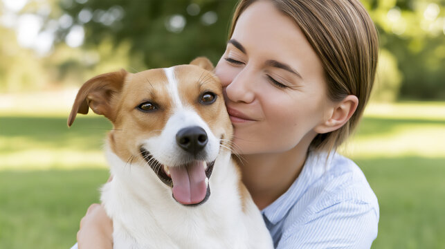 Young Caucasian female hugging and kissing adorable Jack Russell Terrier dog